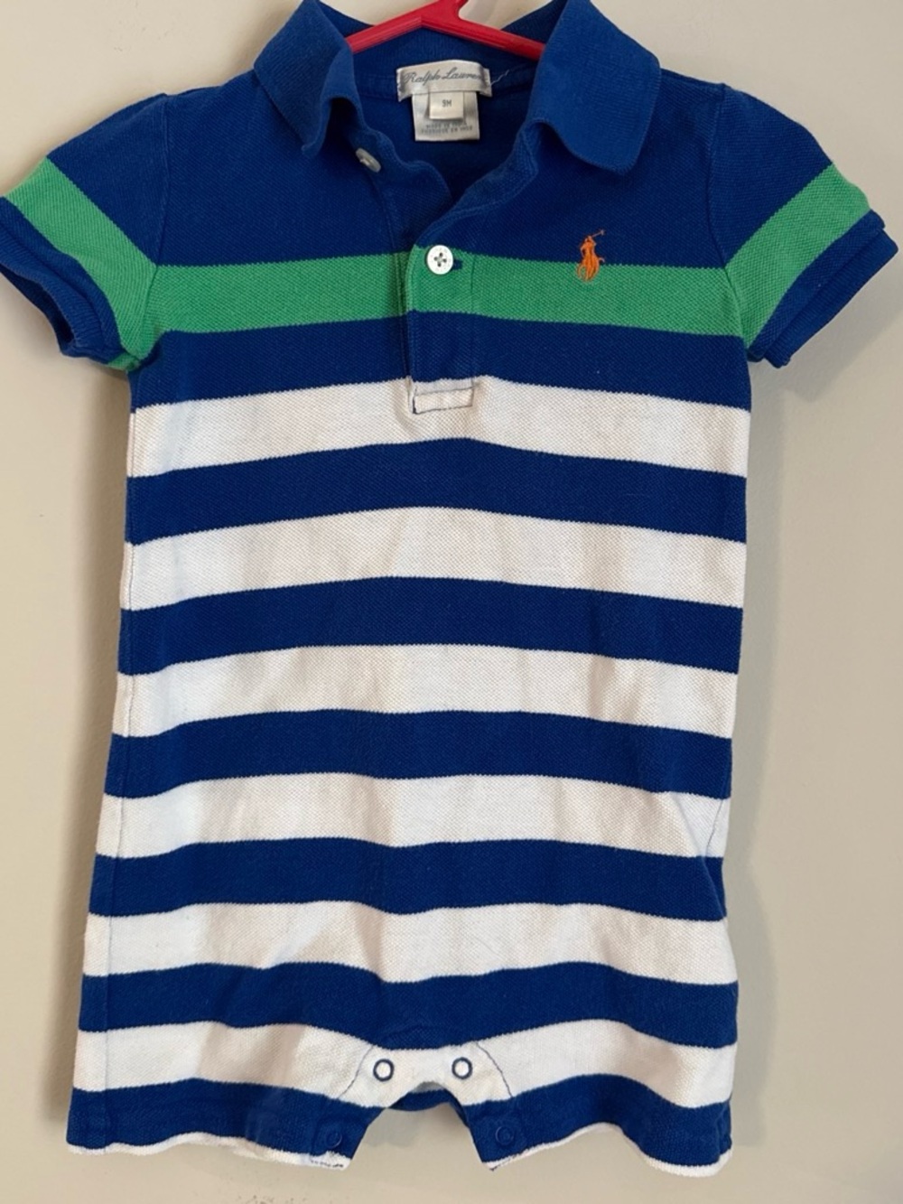 Ralph Lauren Blue, White & Green Striped Polo Romper